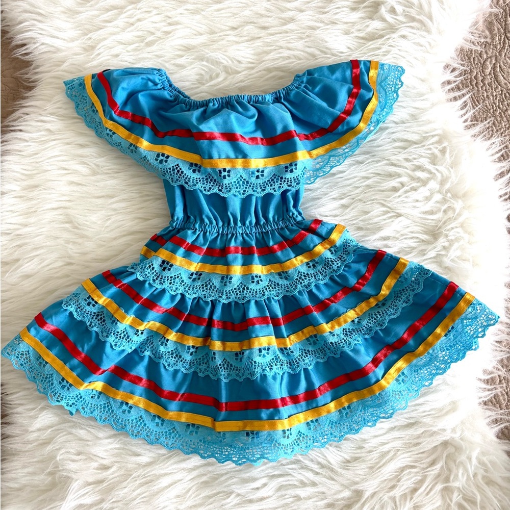 Blue Teal Off-Shoulder Tiered Dress with lace, Red Yellow Stripes size 3 months